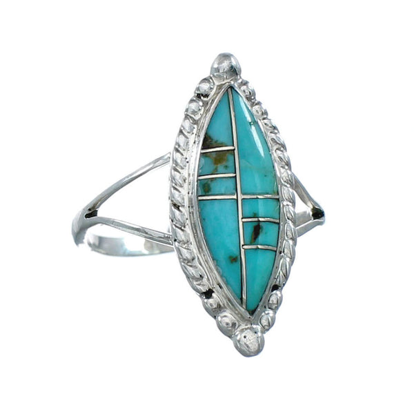 Genuine Turquoise And Silver Inlay Jewelry Ring Size 7-3/4 TX10077